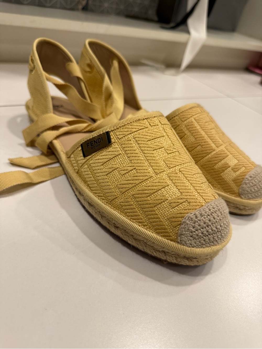 Fendi women Canary Yellow Embroidered Espadrille Sandals with Ankle Ties